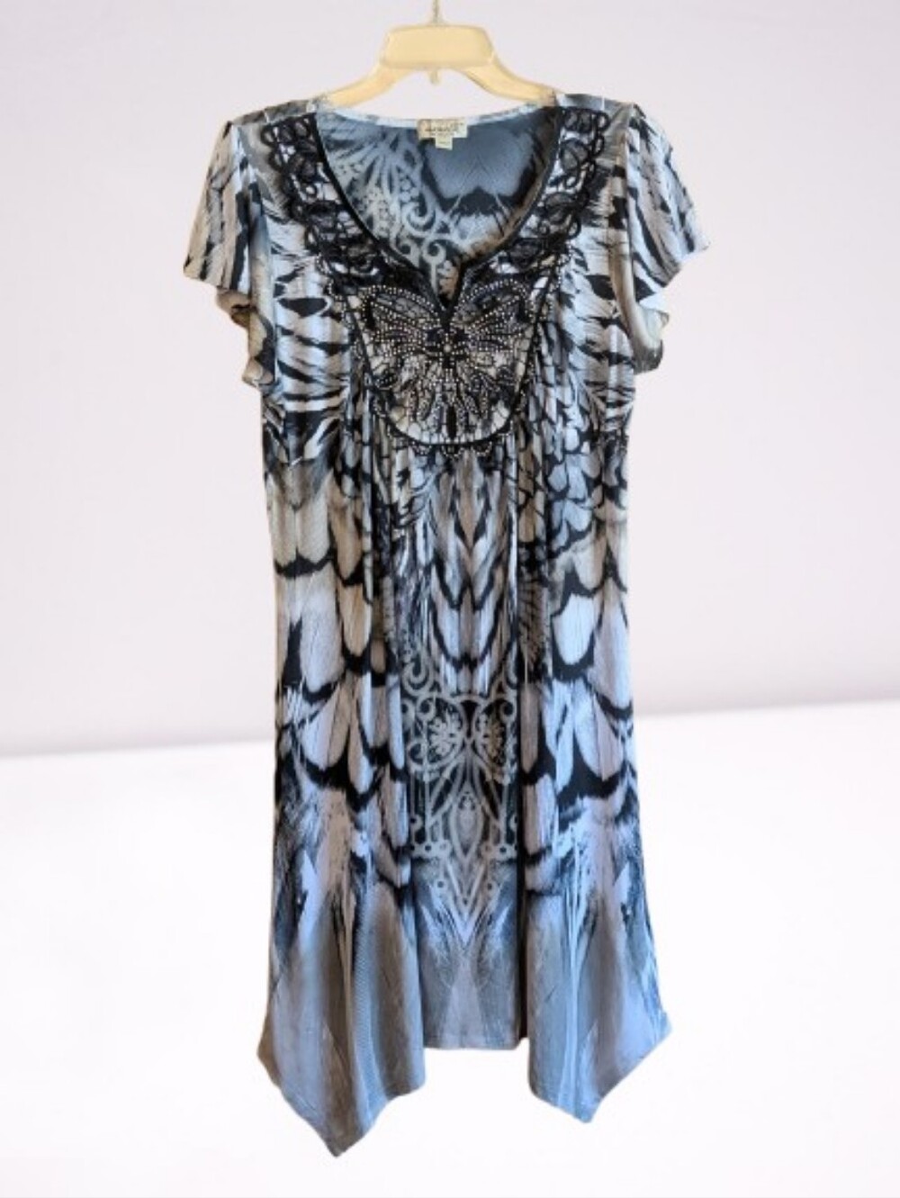 One World Black Gray White Dress Boho Fairy Artsy Crochet Chest Applique Slinky